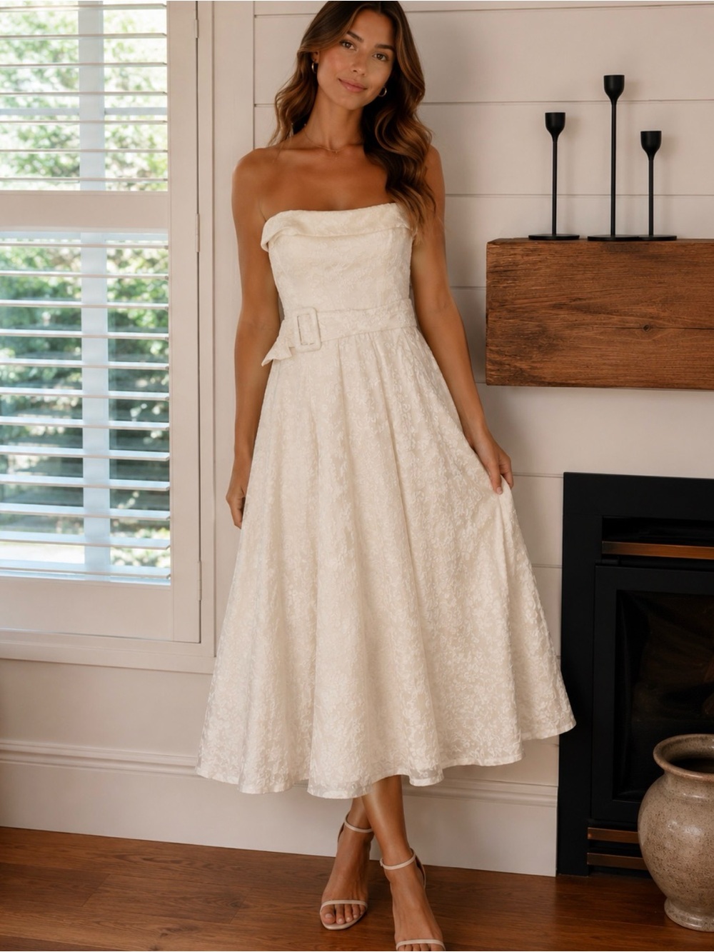 Lulu's Strapless Ivory Lace Midi Dress with Belted Waist